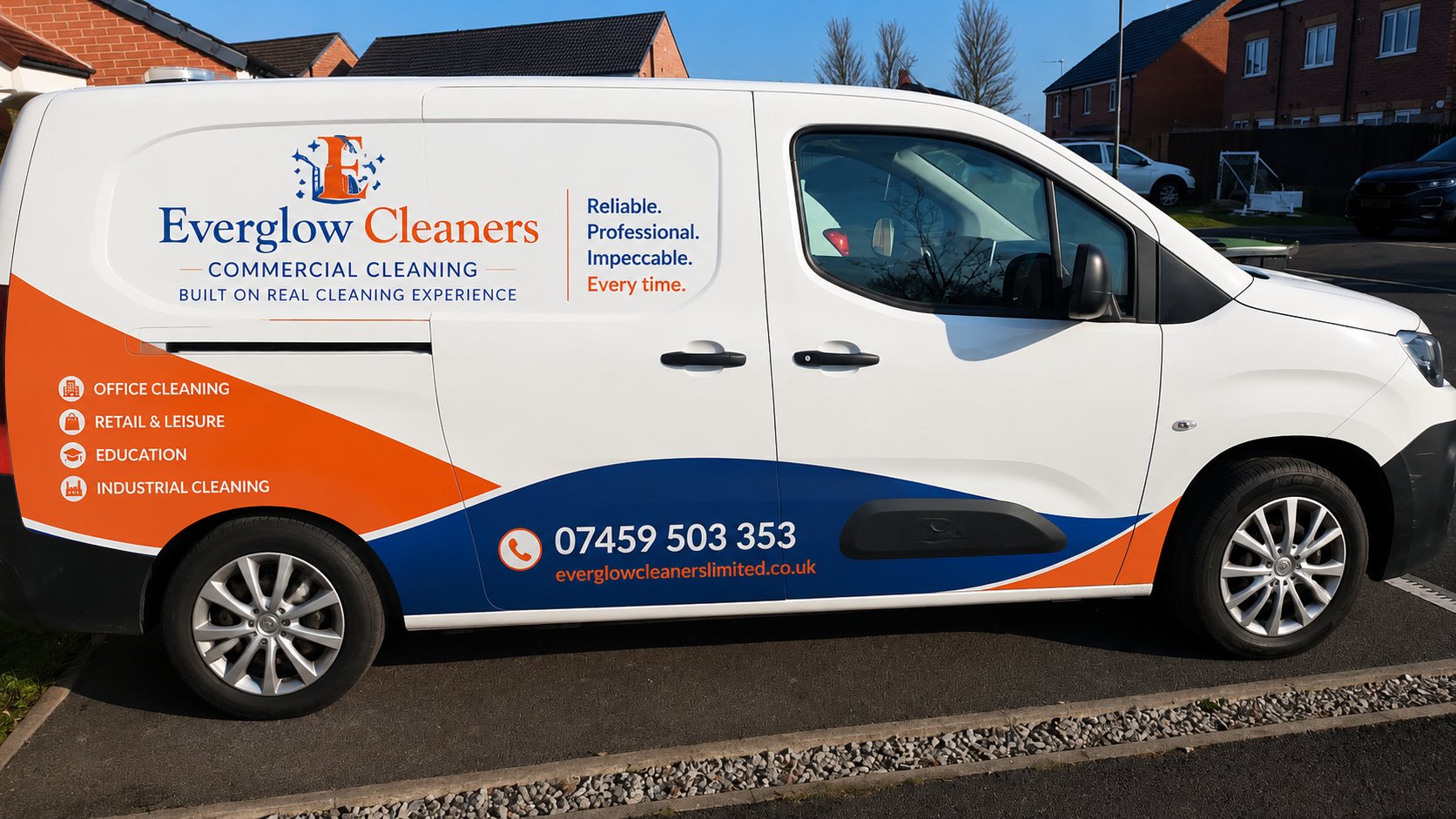 Everglow Cleaners branded van, providing office, retail, education and industrial cleaning across the North East