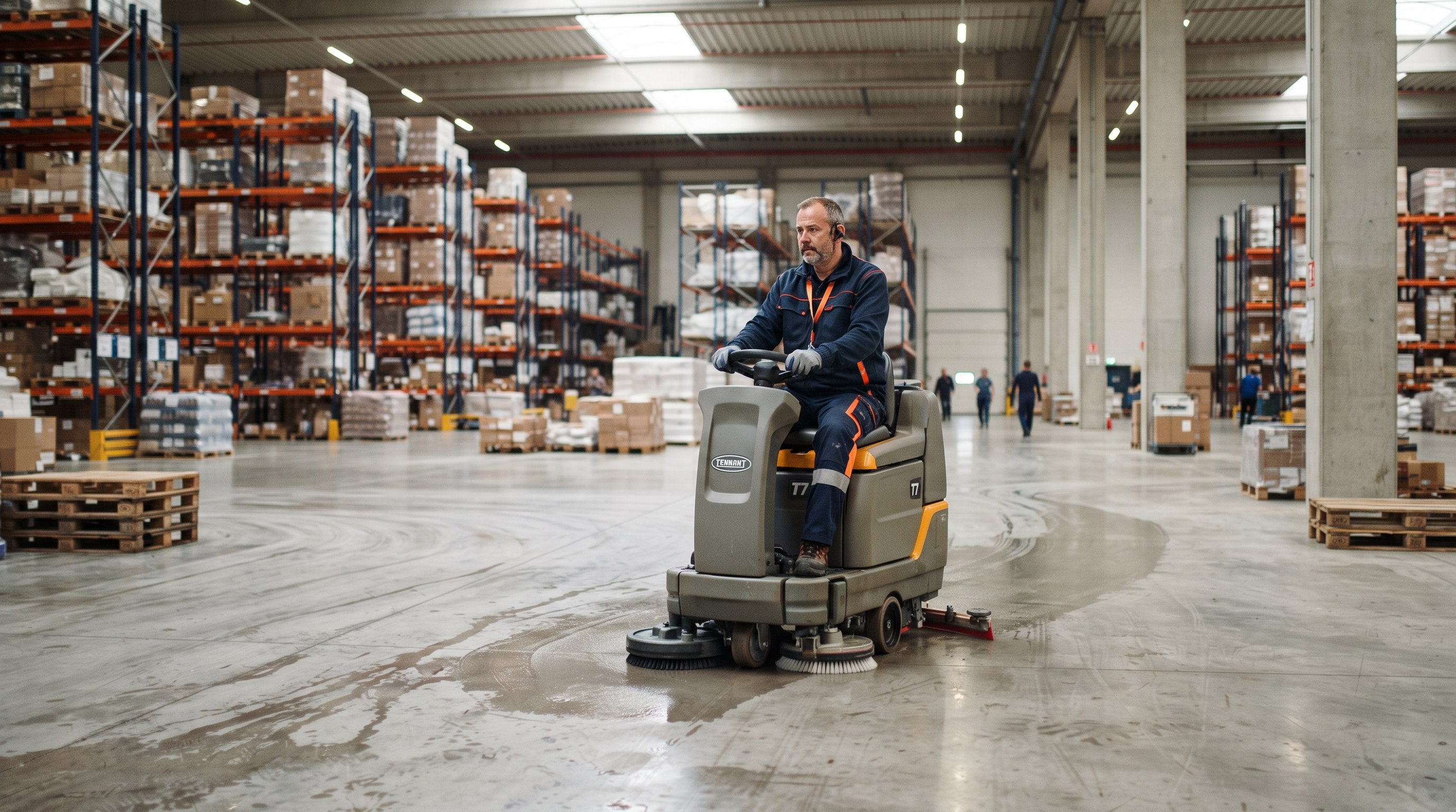 Cleaner operating a ride-on floor scrubber in a warehouse