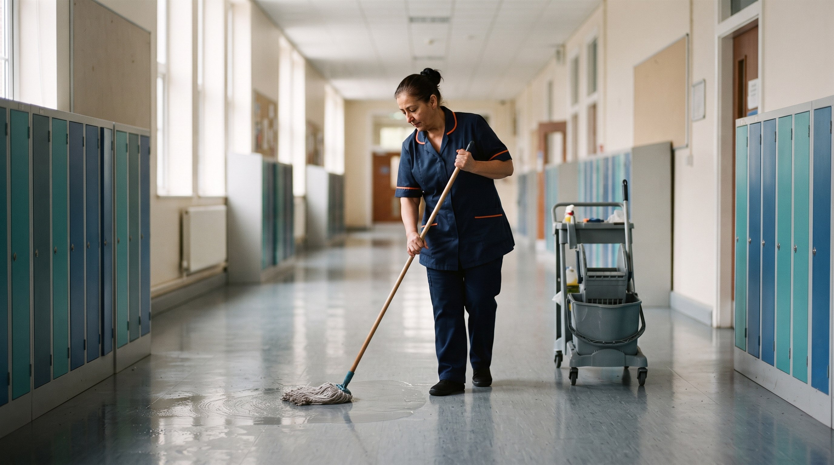 Cleaner mopping a school corridor